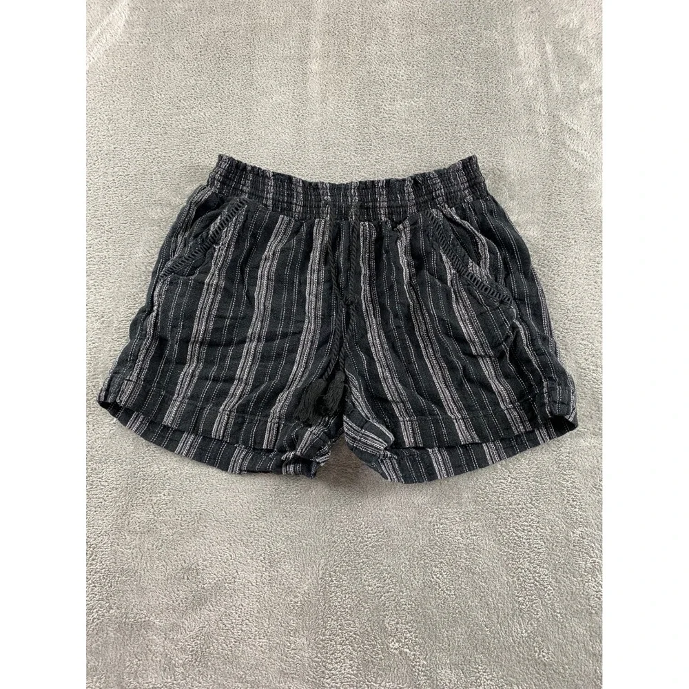 Briggs Womens Striped Pull On Shorts Black White Smocked Tassel Pockets Small
